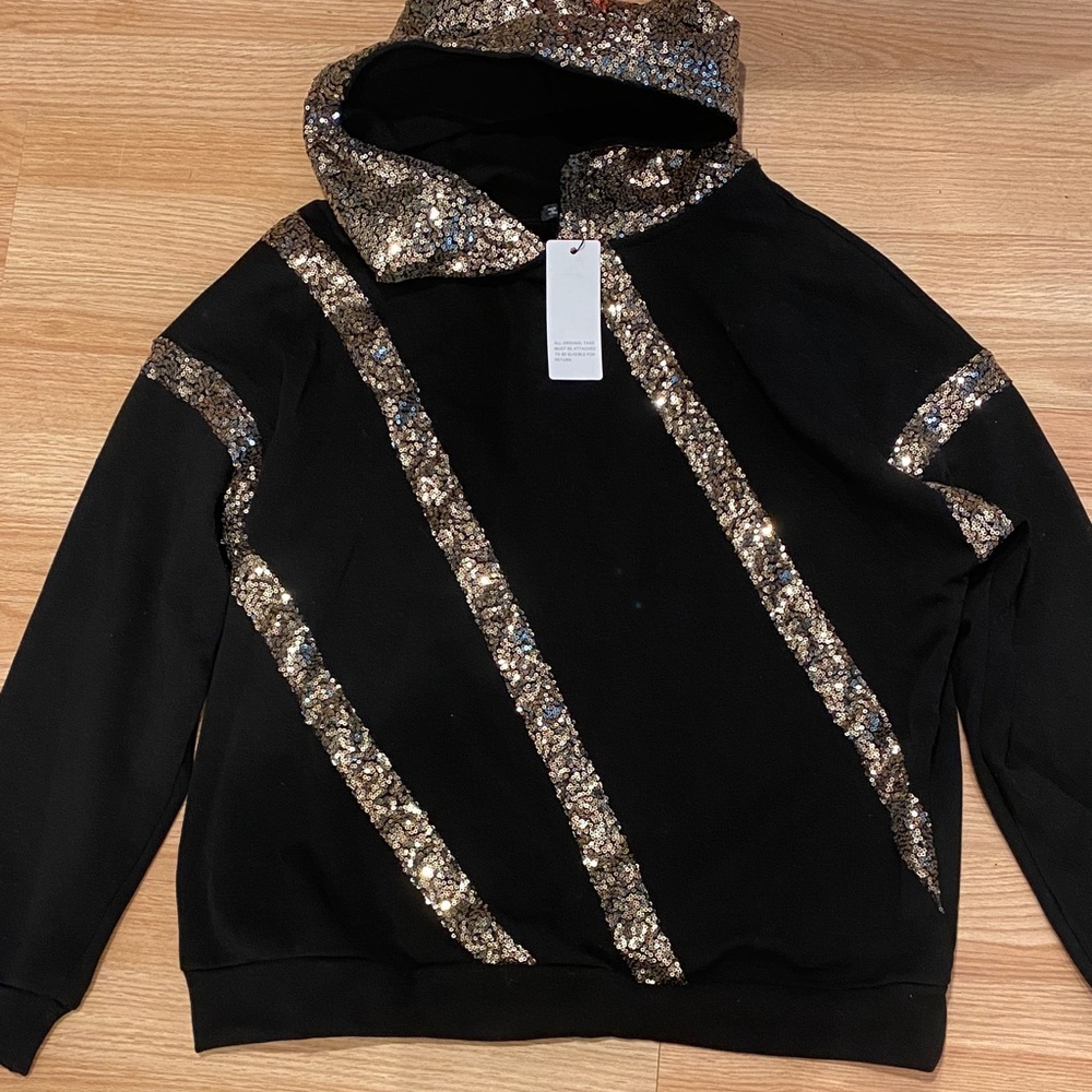 New women’s Black Hoodie with Gold Sequin Stripes 1 X